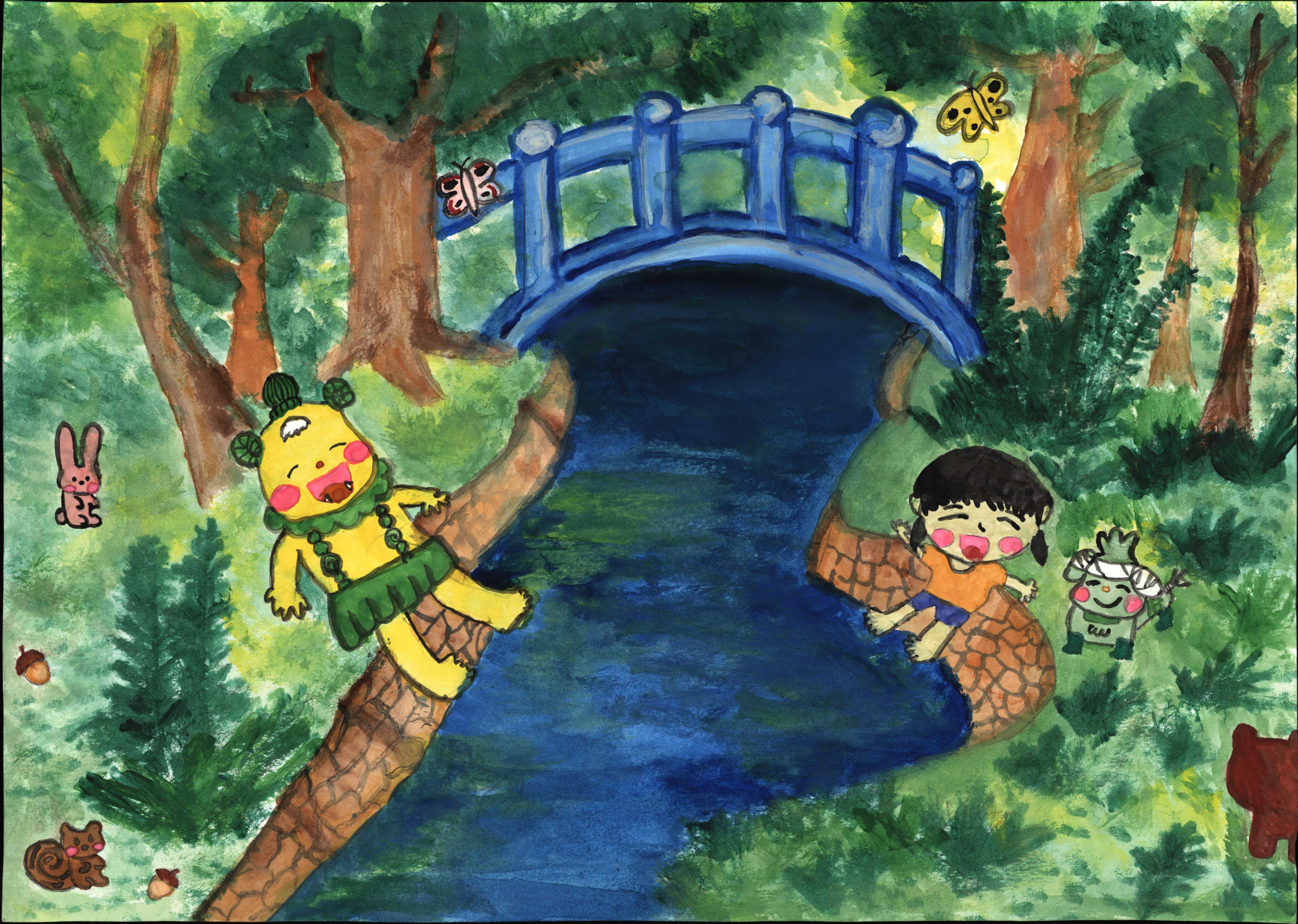 ボノロンとゴンと森林の小川で水あそび