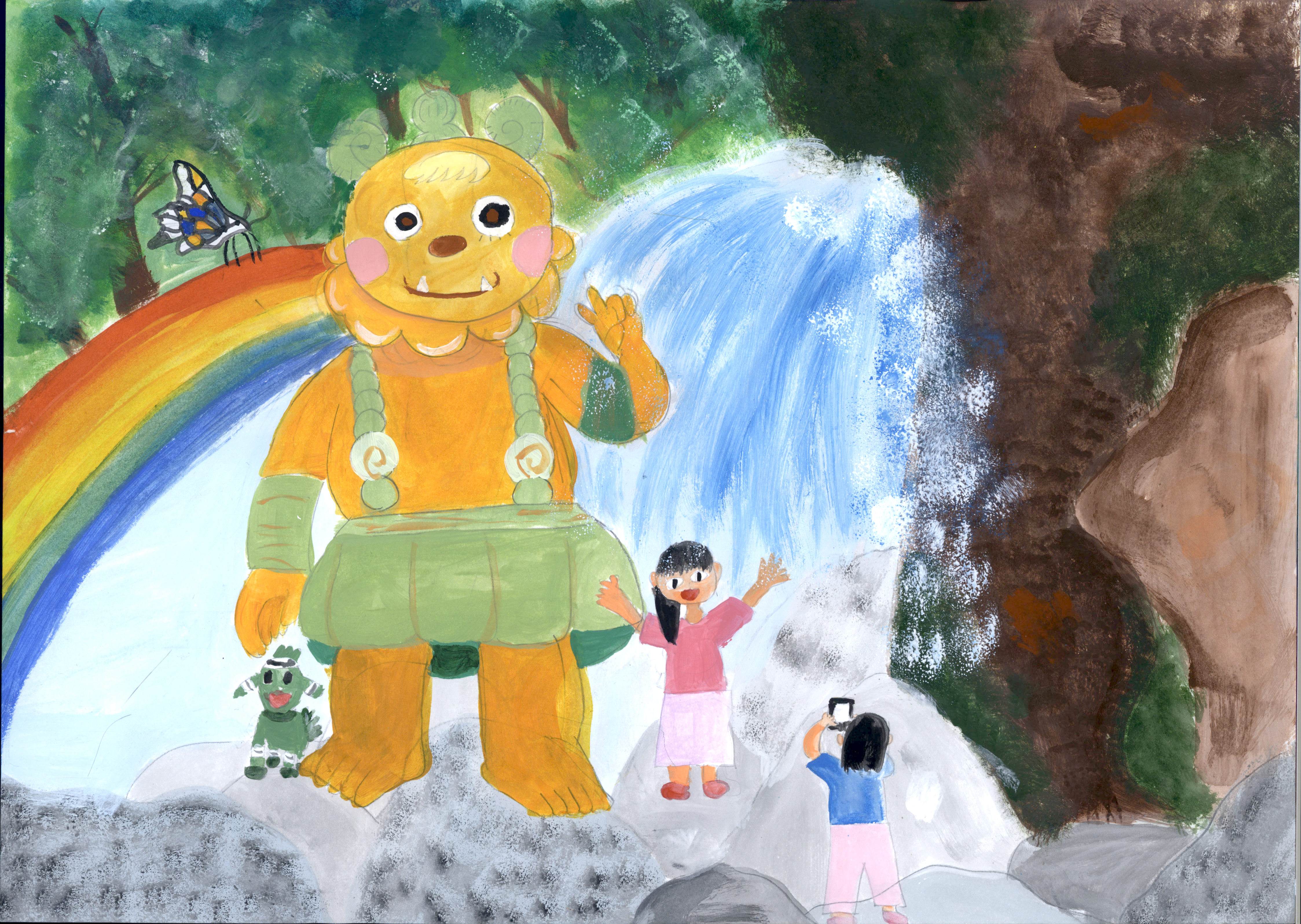 ハイ　チーズ！　わぁ、ぬれちゃった。