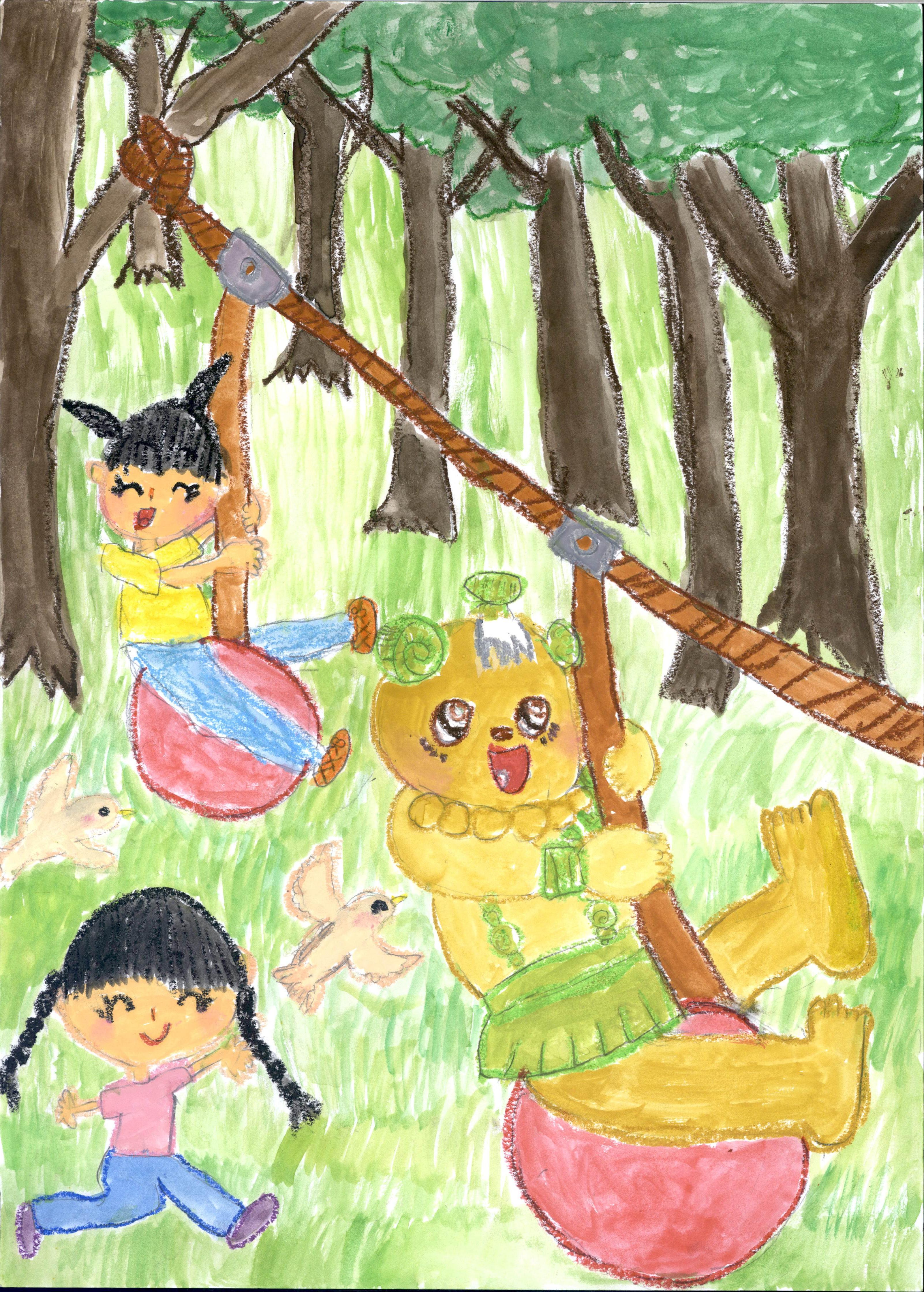 森でターザンロープ　楽しいな